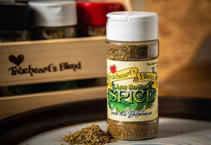 Low Sodium Original in its current slim bottle, photographed with loose seasoning